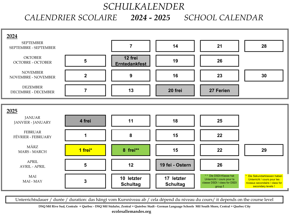 German School South-Shore - School Calendar