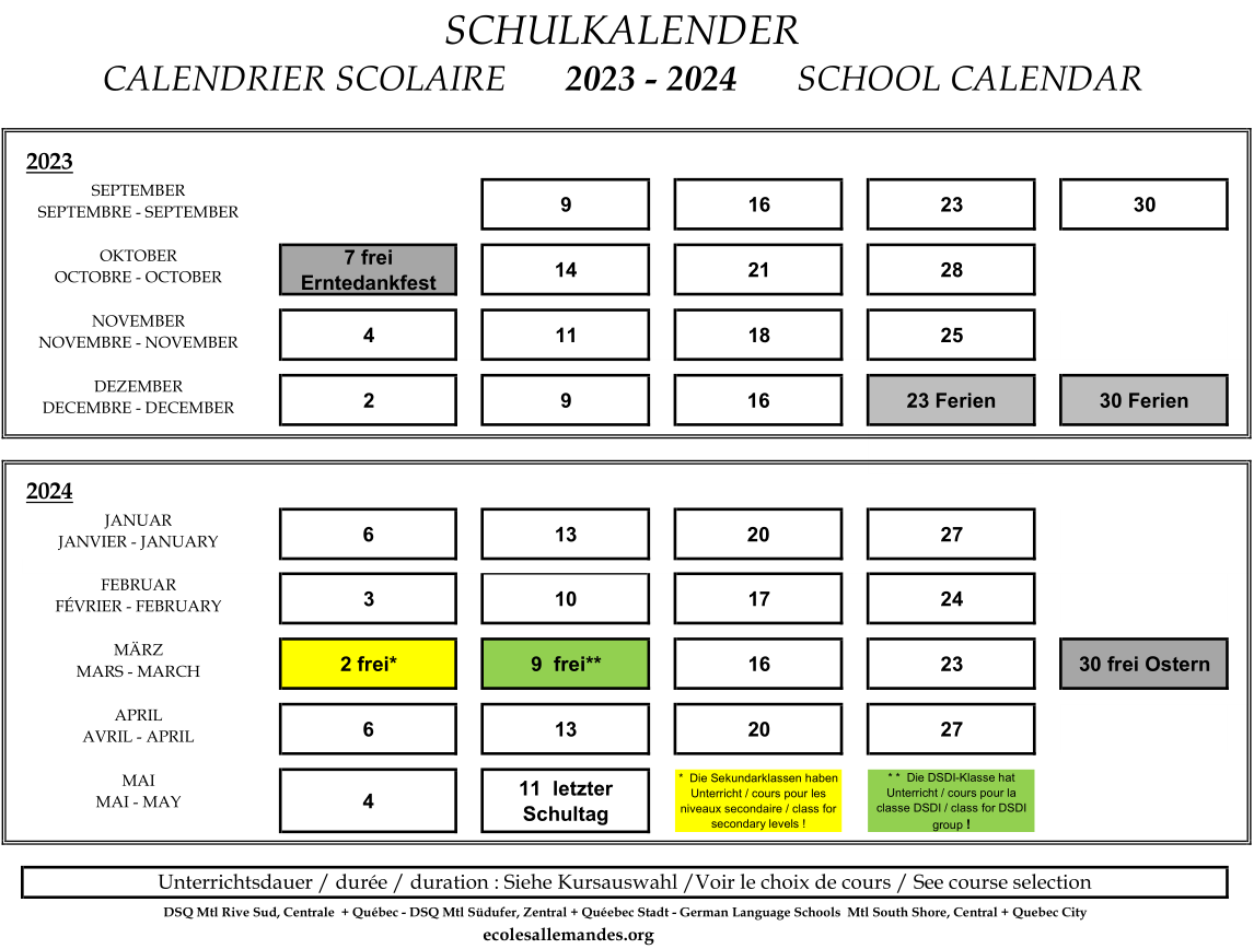 Deutsche Sprachschule Montreal Zentrum - Schulkalender
